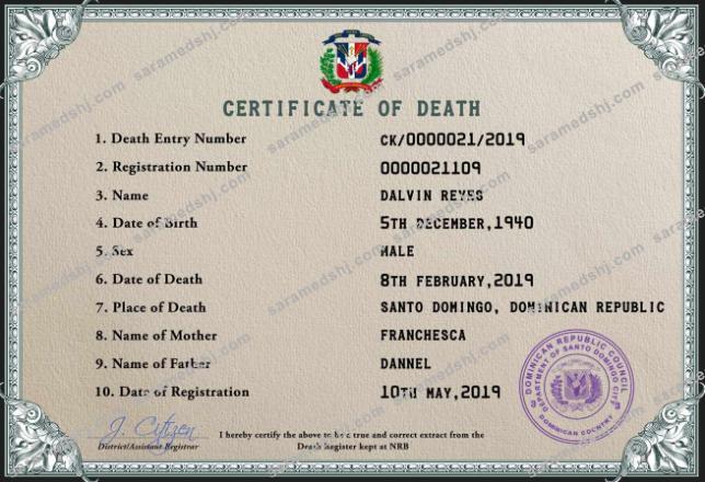 Dominican Republic vital record death certificate PSD template